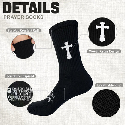 Ao Yee ZGL 24 Pairs Cross Prayer Crew Socks,Christians Socks for Men - Philippians 4:13 - Black