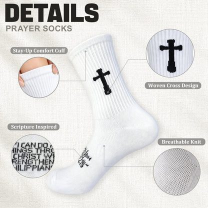 Ao Yee ZGL 24 Pairs Cross Prayer Crew Socks,Christians Socks for Men - Philippians 4:13 - White