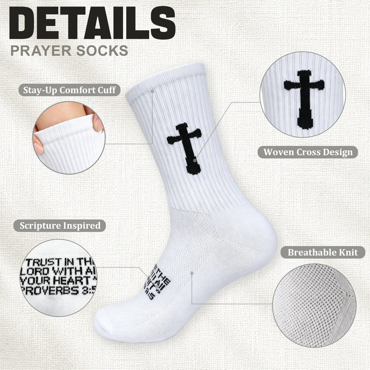 Ao Yee ZGL 24 Pairs Cross Prayer Crew Socks,Christians Socks for Men -  Proverbs 3:5 - White