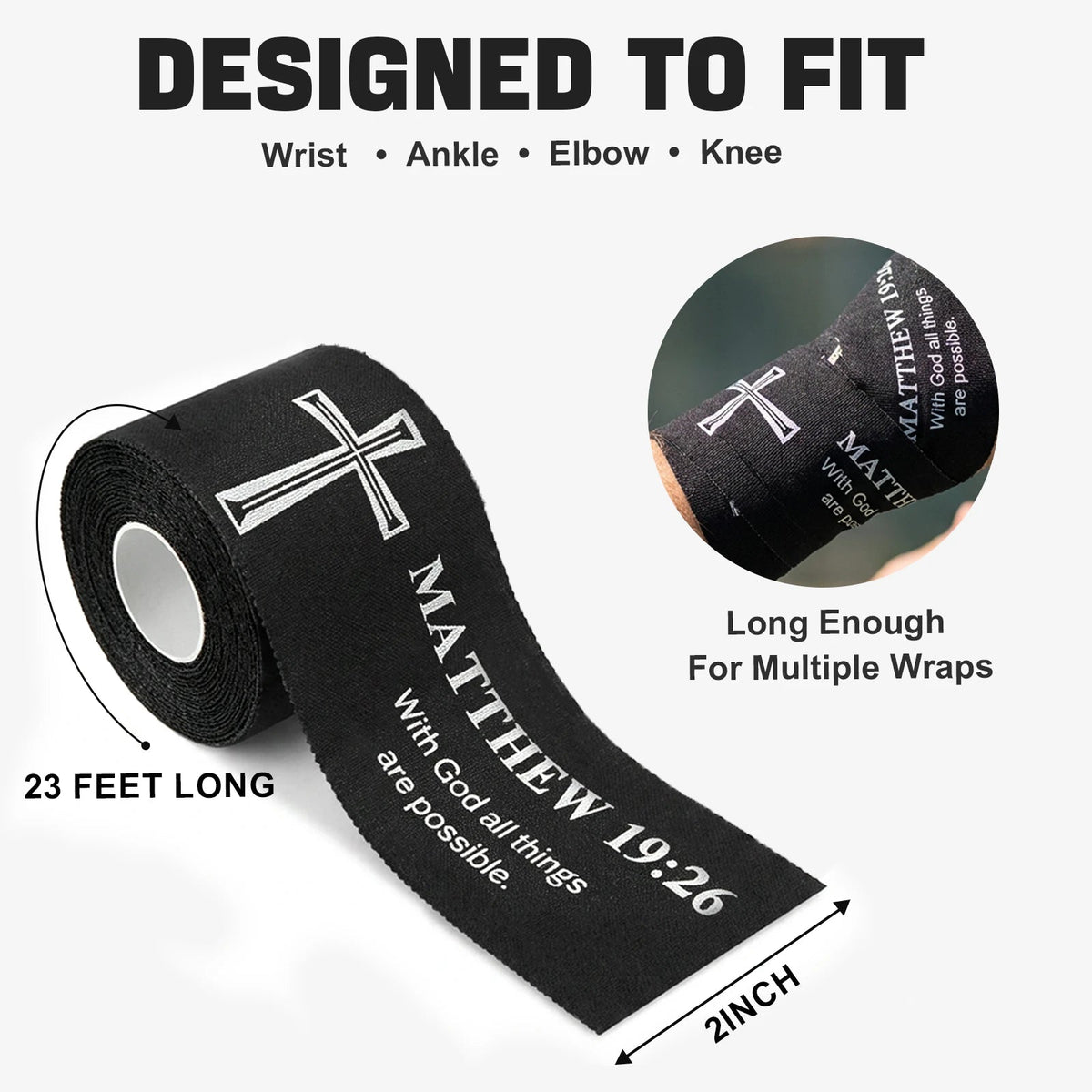 Ao Yee ZGL 2pcs Cross Christian Sports Tape,2" X 23ft Cotton Wristbands - Black