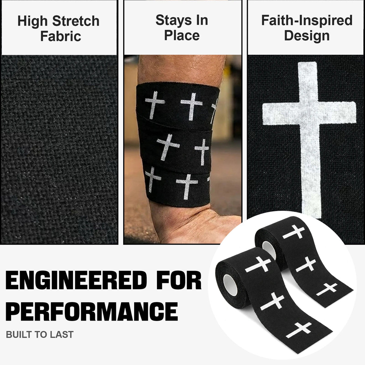 Ao Yee ZGL 2pcs Cross Christian Sports Tape,2" X 23ft Cotton Wristbands - Black