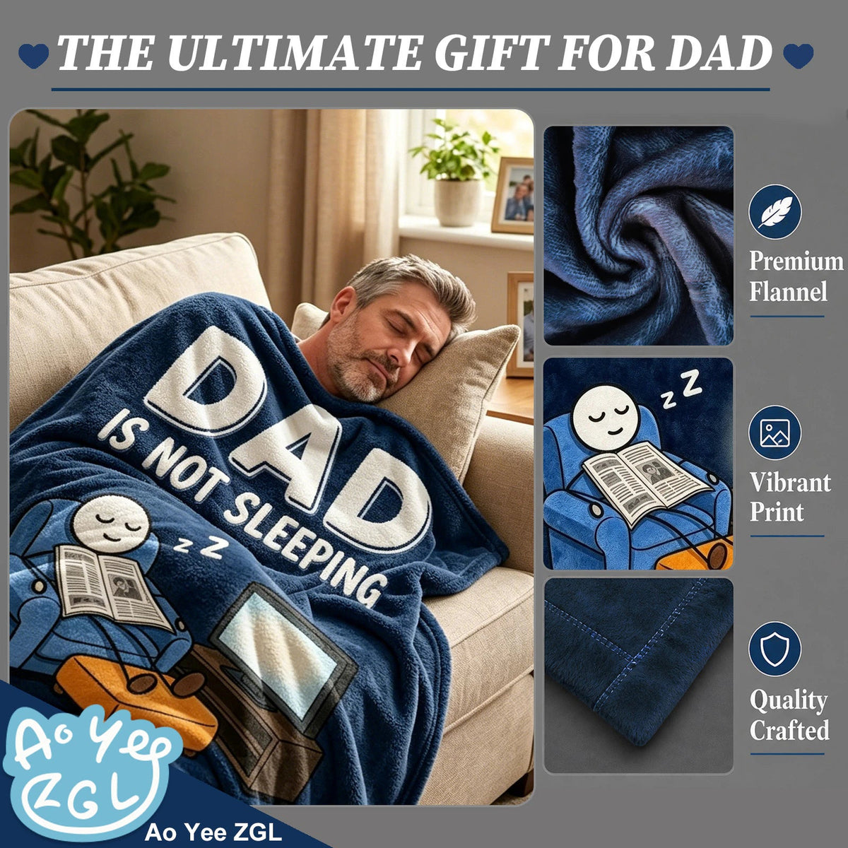 Fun Father Resting Blanket,Novel Dad gifts from Son Daughter, Printed Flannel Blanket Suitable as Holiday Gift Such as for Birthdays Christmas Father's Day,Size 60in x 50 in - Newspaper - B