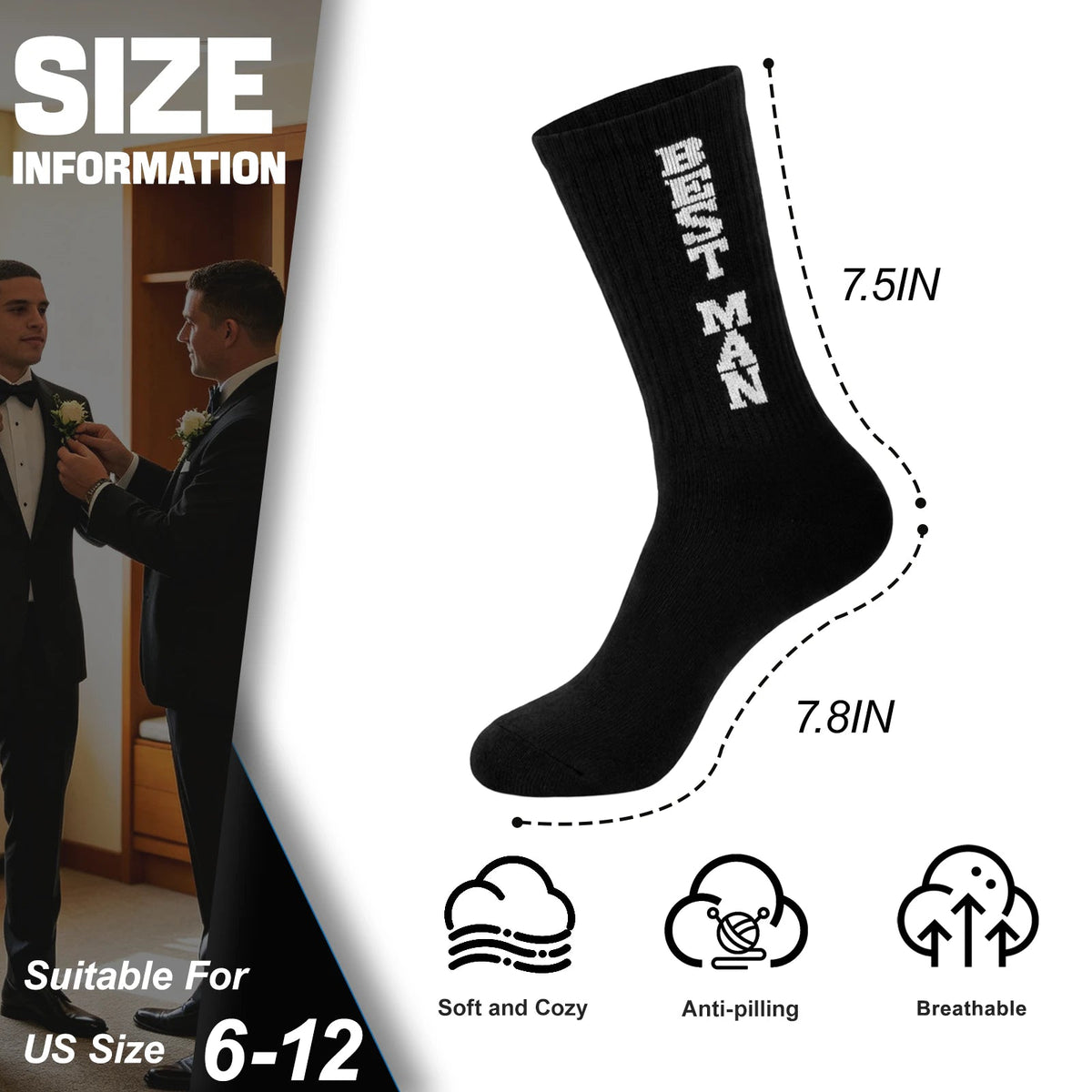 Mens Groomsmen Socks, Crew Wedding Gifts,Best Men,Size US 6-12 - BEST MAN