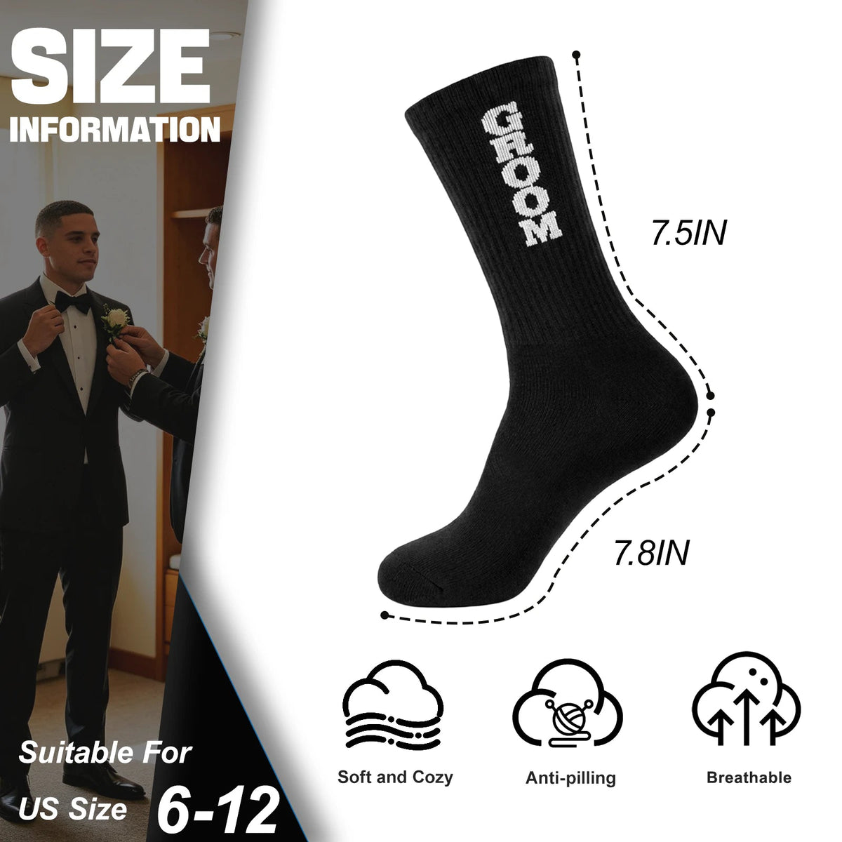 Mens Groomsmen Socks, Crew Wedding Gifts,Best Men,Size US 6-12 - GROOM