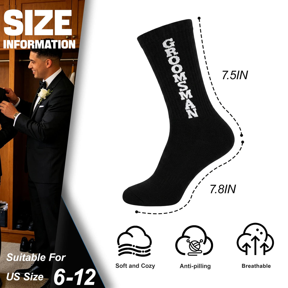 Mens Groomsmen Socks, Crew Wedding Gifts,Best Men,Size US 6-12 - GROOMSMAN