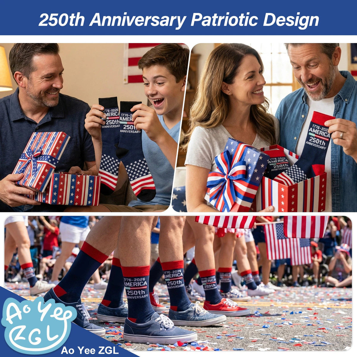 USA Flag Socks for Men Women,2 Pair America 250th Star Stripe Socks 1776-2026, Independence Day 4th of July Gifts - Flag Socks - America