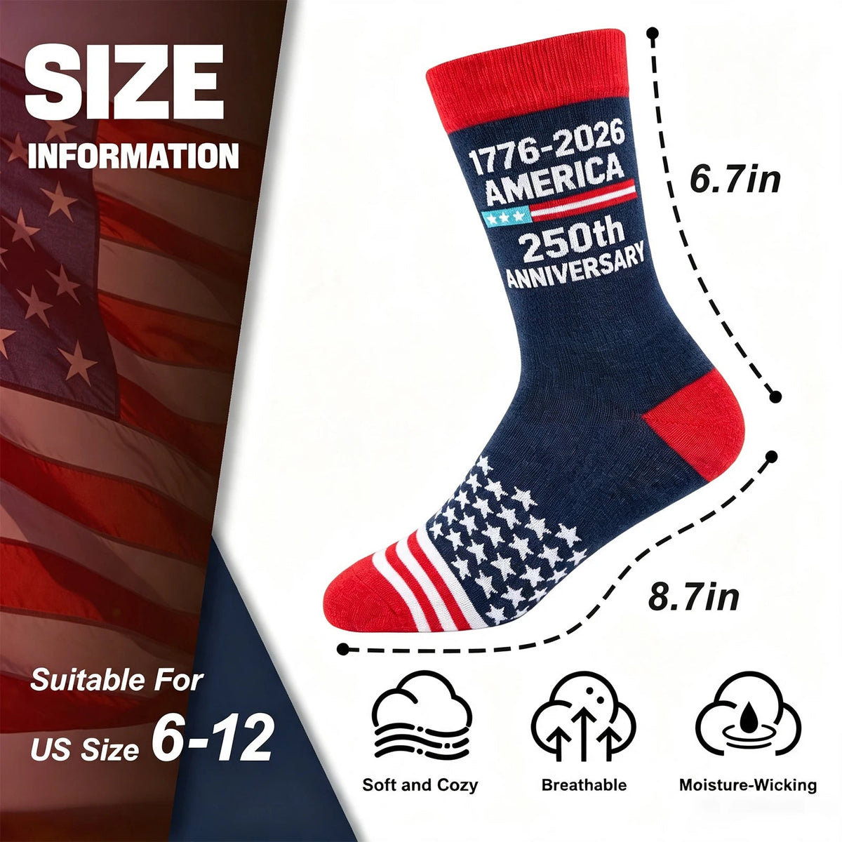 USA Flag Socks for Men Women,2 Pair America 250th Star Stripe Socks 1776-2026, Independence Day 4th of July Gifts - Flag Socks - America